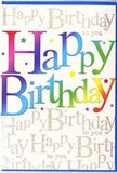 This image shows a richly designed birthday card that seems to capture the spirit of a joyful gathering after a day out at Brent Cross Shopping Centre. Dominating the front is the phrase Happy Birthday, written in bold, rounded letters that sweep across the card with an easy confidence. Each letter is filled with a velvety gradient that glides smoothly from deep, warm reds and raspberry tones into rich purples, cool blues, sea-greens, and finally into glowing yellows and soft amber, much like coloured lights reflected in the windows of nearby homes at dusk. The rainbow hues blend without harsh lines, creating a soothing, almost luminous effect. Behind this central message, the full background is alive with delicate lines of cursive gold script, repeating Happy Birthday to you in flowing, intertwined strokes. The script looks slightly raised and lustrous, as if printed with metallic foil that would catch any available light and shimmer gently, bringing to mind candles flickering during a birthday song. Dotted between the broad letters and the golden script are tiny specks and miniature starbursts in cheerful colours, suggesting airborne confetti or the playful scatter of cake sprinkles after decorating. The card's finish appears smooth and semi-glossy, adding depth to the colours and enhancing the luxurious feel of the gold. Altogether, the design combines bold colour, sparkling detail, and a sense of layered celebration, making it an ideal birthday card to accompany a flower delivery anywhere around Brent Cross - a small but striking way to send warm wishes that feel both festive and sincerely meant.