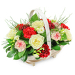 In this scene, a peaceful funeral flower basket is presented with clarity and care, as though arranged that morning by a local Brent Cross florist for a family saying their goodbyes. The basket is crafted from pale, natural wood, its oblong form made of smooth, horizontal slats that support a soft, curved rim. An arched handle rises gracefully above, painted or finished in a light, harmonious tone. Four small feet at the base raise the basket just a touch, making the arrangement appear poised and thoughtfully placed. Emerging from this base is a generous dome of flowers and foliage, rounded and slightly overflowing to suggest abundance without excess. Creamy white roses, fully opened, are placed throughout the design; their velvety petals fold inward in gentle spirals, catching the light and radiating a sense of calm and dignity. Nestled around them are numerous carnations: some in a deep, expressive red, symbolising devotion and love; others in softly blushed pink or with white petals edged and flecked with pink and red, offering a tender, personal tone. Threaded between the larger blooms are smaller white flowers, reminiscent of freesias, their bell-shaped florets and slight buds lending airiness and a hint of movement. A supportive bed of dark green foliage holds everything together-broad, glossy leaves at the base and sides, lighter, feathery fern-like fronds rising and spilling gently outward to soften the profile. Set against a pristine white background, the colours and forms stand out in quiet harmony. This arrangement feels especially suited to a memorial in Brent Cross, Golders Green, or Dollis Hill, or for sending to a bereaved home as a gentle, visual expression of sympathy, remembrance, and care.