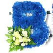 A bold floral letter B dominates the image, its entire shape formed from tightly packed royal blue chrysanthemums that create a lush, velvety surface. The ruffled petals overlap and crowd together, so the letter feels full and generous, with subtle shifts in blue that give it life and depth. A crisp trim of white satin ribbon follows each outer and inner curve, emphasising the distinctive B outline and providing a clean, elegant contrast to the saturated blue petals. In the lower left curve, a small, tender spray of flowers introduces a softer note: creamy white roses, from compact buds to gently opening blooms, are tucked among dainty white spray chrysanthemums that look like tiny daisies. Beneath and around them, fresh greenery - including delicate fern tips and rounded, glossy leaves - spreads out to cradle the flowers, adding natural movement and a feeling of garden freshness. The composition is calm and composed, with the strong letter form balanced by the gentle accent bouquet. It feels very much like a bespoke funeral flower letter that a family in Brent Cross might choose to honour the first letter of a loved one's name during a service, perhaps before or after gathering near Brent Cross Shopping Centre or along Hendon Way. The cool blue chrysanthemums bring an air of quiet reflection, while the white roses and miniature daisies evoke purity, remembrance, and love. Each element works together to offer a dignified and heartfelt tribute, crafted with care by an experienced local florist.