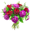 A lush bouquet of crimson roses and vibrant purple carnations is captured in sharp focus against a bright white backdrop, the kind of arrangement you might see being finished for same-day delivery across Brent Cross and the nearby residential streets. The roses, in a deep, velvety red, sit proudly at intervals throughout the bouquet, their petals spiralling inward and outward in generous, layered curves that convey passion, affection, and timeless elegance. Between them, plentiful carnations in saturated shades of magenta and royal purple gather in soft clusters, their many frilled petals crowded together in intricate folds that create a sense of depth and gentle motion. The contrast between the roses' smooth, plush surfaces and the carnations' delicate, feathered edges gives the composition a rich, tactile quality, almost like a tapestry of petals. Encasing and supporting the blooms is a collar of glossy, dark green foliage that outlines the bouquet's round form and brings a cool, grounding presence to the bright colour palette. Slender branches of silvery-green eucalyptus peek through, rising slightly above the other greenery and lending a light, airy feel that keeps the design from feeling too heavy, reminiscent of the breeze that sweeps across nearby Clitterhouse Playing Fields. At the bottom, the stems are neatly trimmed and firmly tied together with a narrow red ribbon, hinting at professional craftsmanship while keeping the focus on the opulent flowers above. The clean white background enhances the bold reds and purples, spotlighting the bouquet as a romantic, celebratory gift suitable for anniversaries, birthdays, or any moment that calls for a heartfelt floral gesture.
