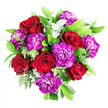 Here, a lavish mix of deep red roses and vivid purple carnations is shown in close detail, the kind of bouquet you might send through Brent Cross Flowers to mark a special moment or heartfelt gesture. The roses stand tall and confident, each one a rich crimson hue with velvety petals that curve and layer into a classic spiral, creating a sense of depth at the centre of every bloom. Their smooth surfaces catch the light gently, giving off a soft sheen that accentuates the intensity of the red. In contrast, the carnations bring a burst of playful texture. Their petals are finer, more abundant, and delicately serrated at the edges, forming rounded, fluffy heads of saturated purple that sit snugly between the roses. This interplay of smooth and ruffled forms creates a dynamic rhythm throughout the bouquet. Encasing these blooms, lush greenery provides structure and fullness. Large, glossy leaves stretch outward, while smaller, more flexible stems fill in the spaces, making the arrangement appear abundant and complete. Interspersed among the greens, strands of eucalyptus in cool blue-green tones trail gracefully, their slender leaves adding a slightly wild, natural touch. You can imagine the fragrance rising from the bouquet: the familiar sweetness of roses, the faint spice of carnations, and the bright, clean aroma of eucalyptus mingling gently. The lighting in the image is soft but clear, allowing each hue and texture to stand out without harsh shadows. It feels like a bouquet chosen to brighten a Brent Cross flat overlooking the park, perfect for anniversaries, romantic surprises, or simply sending a warm message of love and appreciation.