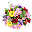 Captured from directly above on a crisp white background, this lavish mixed bouquet appears as a vibrant, circular burst of colour and texture, as if it were a carefully painted emblem of celebration. Deep red roses sit at the core, their layered, velvety petals spiralling inward, evoking warmth, devotion, and timeless romance. Surrounding these are radiant yellow Gerbera daisies, each bloom with a dark, almost black centre that lends strong contrast and a sense of graphic clarity, like cheerful suns glowing over the busy heart of Brent Cross. Soft pink and light lavender chrysanthemums cluster generously around them, their fine, spiky petals creating soft, cushiony domes that give the arrangement fullness and a sense of gentle comfort. Threaded seamlessly through this blend are graceful Lisianthus flowers in tones of rich purple, muted lilac, and cool blue, their bell-shaped blossoms and slightly curled edges adding an air of quiet elegance and painterly movement. The whole bouquet is cradled by a rich bed of greenery: broad, deep green leaves provide structure and depth, while smaller rounded leaves, reminiscent of eucalyptus, lighten the palette with silvery hints and suggest a cool, fresh scent. Glistening red hypericum berries are dotted thoughtfully among the petals, their glossy surfaces catching the light and adding a touch of festive charm and woodland character. The balanced mix of warm and cool hues, along with the interplay of smooth, velvety, and feathery textures, creates a bouquet that feels joyful yet composed. It is easy to imagine this arrangement being prepared by Brent Cross Flowers for same-day delivery, ready to bring colour, comfort, or celebration into homes and offices across the local area.