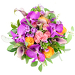 Arranged as a perfectly rounded bloom-covered circle on a bright white background, this bouquet looks like a carefully composed floral artwork, the sort of luxurious piece you could picture arriving as a surprise delivery to a Brent Cross flat after a special occasion. At the core, arresting Vanda orchids in vivid fuchsia and deep magenta purple draw the eye, their broad petals patterned with intricate, lattice-like tessellations that make each flower feel unique. Surrounding them, roses in soft pastel pink, radiant orange, and sunny yellow form a rich halo of colour; their tightly layered petals spiral inward, giving a sense of promise and unfolding beauty. Rising elegantly from within, calla lilies in deep plum and aubergine tones introduce a statuesque grace, their trumpet-shaped blooms curving upward like sculpted notes in a symphony of colour. Interspersed are clusters of small, delicate filler flowers in lavender and light purple shades, reminiscent of airy phlox, which soften the composition and add intricate texture. Lush greenery completes the arrangement, with broad, vibrant emerald leaves creating a thick, verdant bed, while eucalyptus stems-bearing both rounded and elongated silvery-green leaves-meander through the bouquet, introducing cool contrast and a hint of natural movement. The overall impression is of richness and balance: warm, cheerful tones sitting comfortably beside cooler purples and greens, every bloom clearly visible from above. It's a bouquet that feels joyful yet refined, perfect for birthdays, engagements, or congratulations in Brent Cross, and one that showcases the thoughtful creativity and polished skill of Brent Cross Flowers as they craft each stem into a cohesive, celebratory display.