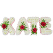 A carefully composed floral tribute spells the name KATE in large, three-dimensional block letters, each letter formed from a dense cloud of small, pristine white chrysanthemums. The overall impression is soft and tactile: the chrysanthemums create a velvety, full surface that reads pure and dignified against a clean white background. Each letter is neatly edged with a pale pink satin ribbon, its subtle sheen catching soft studio light and giving the contours a refined, feminine outline. A single, vividly red rose is placed on each letter as a focal point, its deep crimson petals offering a warm, emotional contrast to the white chrysanthemum mass. Lush green foliage - broad glossy leaves mixed with feathery fern fronds - frames and cradles each rose, introducing natural movement and depth. On the K, the rose and greenery rest on the lower part of the left vertical stroke; the A's rose sits at the triangular peak; the T's accent is positioned at the base of the left side of its horizontal bar; and the E's bloom is nestled on the center horizontal arm. The combination of white chrysanthemum, red rose, and green leaves evokes purity, love, and remembrance; the pale pink ribbon adds a touch of tenderness, appropriate for a sympathetic tribute or memorial display. As a local florist familiar with Brent Cross and nearby Cricklewood and Hendon, I imagine this arrangement placed with quiet respect at a funeral, celebration of life, or a graveside service-an elegant, personal expression meant to comfort and honour a loved one's memory.