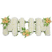 The photograph captures a serene funeral flower arrangement spelling the word MOM in three bold capital letters, arranged horizontally against a pure white background that highlights every detail of the design. Each letter is shaped on a concealed support and fully adorned with closely packed white flowers, most likely spray chrysanthemums, their many small petals overlapping to form a velvety, cushion-like surface. The clean whiteness of the blooms speaks of peace and remembrance, making this tribute a fitting choice for a funeral cortege moving through Brent Cross or a quiet service in a nearby chapel along the Edgware Road. Around the edges of the letters, a slim dark green ribbon and frame can be seen, adding subtle definition and a gentle contrast to the sea of white petals.   Three soft-focus accents of colour bring warmth and intimacy to the tribute. Clusters of peach and apricot-toned spray roses, each containing a mix of fully opened flowers and smaller buds, are nestled carefully at key points: one at the upper left of the first M, one at the bottom centre of the O, and one at the upper right of the final M. These clusters sit slightly proud of the white base, surrounded by sprigs of fresh greenery, including light, feathery foliage and more solid, dark leaves that give the arrangement depth and natural movement. The delicate contrast between the serene white chrysanthemums and the gentle peach roses evokes tenderness, gratitude, and fond memories. This handcrafted design feels like a quiet, heartfelt statement from family to a beloved mother, the kind of tribute Brent Cross families often choose when they want flowers to speak softly, yet with real emotion, at a final farewell.
