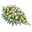 Displayed against a pure white background, this refined funeral spray in soft pink and white tones creates an immediate sense of quiet grace. The arrangement is shaped in a long teardrop form, luxuriantly full at one end and tapering gently towards the other, echoing the style traditionally chosen for caskets or focal tributes at memorials in Brent Cross and nearby Temple Fortune. At its heart lie numerous pink roses, each bloom carefully positioned to showcase layers of silky petals that spiral open from tight buds into open, cup-shaped flowers. The pink shades vary subtly from pale, almost shell-like blush to deeper rose pink, adding depth without overpowering the eye. Nestled among them are clusters of white carnations and smaller spray carnations, their softly ruffled petals creating cushions of light that contrast beautifully with the roses. The floral display is underpinned by a rich foundation of greenery: broad, dark green leaves frame and support the design, while rounded eucalyptus in a silvery-green hue threads through, introducing cooler tones and a gentle sense of movement. From the tapered tip and parts of the sides, slender strands of ruscus trail gracefully, giving the piece a fluid, cascading finish reminiscent of a single tear gently falling. The overall effect is one of refinement, comfort, and respectful sorrow, as if created to rest peacefully beside a photograph or candle at a service. It feels especially suitable for families around Brent Cross seeking a classic, beautifully balanced floral tribute to honour a loved one's life with softness and dignity.