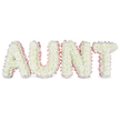 Displayed in the photograph is a personalised funeral flower arrangement that spells AUNT in large capital letters, a touching tribute that would feel at home at services around Brent Cross and the surrounding North West London area. Each letter is built on a solid frame and covered entirely with white chrysanthemum blooms, carefully set shoulder to shoulder so there are no visible gaps. The chrysanthemums have delicate, multi-layered petals that create a soft, velvety surface, giving the impression of deep, cushioned letters sculpted from petals alone. Here and there, a faint hint of creamy yellow from the centres shows through, but from a short distance the design reads as a pure white expanse, symbolising peace and remembrance. Tracing the edges of every letter is a continuous, gently gathered band of light pink satin ribbon. The ribbon is pleated to form a dainty ruffle that follows the contours of the block lettering, providing a soft blush of colour and a distinctly feminine touch, as if wrapping the tribute in a final, loving embrace. The arrangement stands upright against a bright white background, illuminated by even, shadow-free lighting that reveals the fine texture of each petal and the smooth sheen of the satin. With nothing else in the frame, the focus remains solely on the floral word AUNT, much as it would in a quiet chapel near Hendon, Finchley Road or Brent Cross, where friends and family gather to say their last goodbye. The design feels calm, respectful and deeply personal, made to honour a cherished aunt whose life is celebrated through the gentle beauty of fresh flowers.