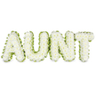 This image presents a beautifully composed floral tribute where the word AUNT is written not in ink, but in crisp white chrysanthemums. Each of the four bold capital letters is filled from edge to edge with small, rounded blooms, placed so closely together that they form a velvety, unbroken layer of petals. The chrysanthemums appear fresh and luminous, giving the letters a gentle brightness against the simple white backdrop. Running neatly around the outside of each letter is a carefully crafted border of vibrant green foliage, trimmed into a smooth, continuous edge that follows each curve and straight line. This leafy outline acts as a natural frame, making the white flowers stand out sharply and ensuring the word can be easily read at a glance, whether the tribute is placed at the front of a service near Brent Cross, beside a coffin, or by a memorial display. The style is classic and understated, the sort of design friends and family in the area might order when they want something personal yet refined to honour a beloved aunt. It conveys the purity of their feelings through the white blooms and offers a touch of hope and renewal through the fresh green edge, much like the calm green spaces tucked around Brent Cross Shopping Centre and the nearby residential streets. The overall impression is one of balance, care, and loving remembrance, where every individual flower contributes to a single, clear message of respect and affection.