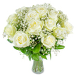 A hand-tied bouquet of pure white roses arranged with airy clouds of gypsophila sits in a clear glass vase, each bloom opened into a generous spiral of velvety petals that catch the soft light and glow like cream against a faint silver sheen. The roses' outer petals curl gently outward, revealing layered centres that feel both intentional and effortless, while tiny white flowers float between them like stardust, adding a delicate, lacy texture. Deep forest-green foliage provides a living backdrop, the glossy leaves peeking from beneath and giving the composition a calm vertical rhythm as stems descend through the transparent water. The overall palette is quietly monochrome-snowy whites, warm cream undertones and rich greens-soothing to the eye and composed with refined restraint. Close your eyes and you sense a faint classic rose perfume, clean and comforting, reminiscent of fresh linens and early-morning gardens; the scent is never overpowering, merely a whisper that complements the visual purity. This arrangement feels suited to a wedding aisle, a bedside for solace, or an elegant housewarming gift-an offering that reads as sincere devotion, gentle encouragement or peaceful presence. As a florist who often prepares flowers for homes and small events around Brent Cross and the nearby Welsh Harp, I choose materials and proportions so the bouquet sits confidently in an interior without dominating it. The glass vase lets the stems and water become part of the composition, honest and unadorned, emphasizing natural beauty. The mood is composed, dignified and hopeful, a quiet expression that invites pause and the steadying comfort of a simple, well-made floral gesture.