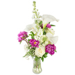A lush, celebratory bouquet photographed against a crisp white backdrop: white calla lilies rise like sculpted trumpets, their porcelain-smooth petals curving upward to reveal pale yellow spadices that catch soft, morning-like light. Around their tall, architectural forms, deep magenta peonies unfold in velvety ruffles-two fully open blooms anchor the lower half with a dramatic, luxurious texture, while a smaller, tightly furled bud suggests a promise of unfolding beauty. A single creamy white rose nestles low in the composition, its tightly spiralled centre offering a quiet, classic counterpoint to the exuberant peonies. Vertical white stock (or larkspur-like spires) thread through the middle, their clusters of tiny florets adding gentle height and a soft, pillowy volume. Wisps of baby's breath drift through the spaces between stems, lending an airy, cloud-like softness that lightens the composition, while slender fern fronds and broader glossy leaves tuck around the blooms, deepening the green backdrop and framing each flower with fresh, verdant contrast. The arrangement sits in a gently curved clear glass vase; the water and visible stems create an honest, fresh feeling and a subtle transparency that keeps the focus on form and colour. The overall mood is refined and joyful-suitable for anniversaries, bridal tables, Mother's Day celebrations or as a thoughtful, uplifting gift. For local clients, this style reads as a modern classic with garden romance, the kind of bouquet you might imagine carried home after a walk past the Brent Cross shopping area or brought to a celebration nearby the Welsh Harp reservoir.