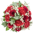 In this photograph, a beautifully composed, dome-shaped bouquet fills the frame from a slightly overhead view, standing out vividly against an immaculate white background. Deep red roses command attention at the centre, their velvety petals tightly layered and spiralling inward, creating shadowed hearts that convey passion, romance, and depth of feeling. Nestled around them are numerous red carnations, their frilled edges and multi-layered petals forming soft, textured mounds that add volume and a sense of generous abundance. Weaving among the red flowers are delicate sprays of white baby's breath, each stem tipped with clusters of tiny blossoms that form a fine, airy lace, gently lightening the intensity of the crimson tones. The greenery is carefully balanced: eucalyptus leaves in muted grey-green hues, round and slightly waxy, emerge between the blooms, introducing a cool, contemporary note, while darker green leaves lend structure and a fresh, garden-like backdrop. The lighting is even and bright, similar to daylight streaming into a local Brent Cross flower studio, ensuring that every curve of petal and every nuance of colour is clearly defined, without harsh shadows. The result is a bouquet that feels lush yet controlled, a hand-tied arrangement crafted with care and precision. Emotionally, it communicates a bold, confident declaration of love and appreciation-perfect for anniversaries, romantic evenings in homes near Brent Cross Shopping Centre, Valentine's surprises along Finchley Road, or any occasion where a vivid red floral statement is the most fitting way to speak from the heart.