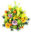 A lush, mounded bouquet photographed against a clean white background, bursting with late-spring warmth and meticulous floral craft. At first glance the composition is dominated by tall, golden-yellow Asiatic lilies-some fully open to reveal freckled petals and delicate stamens, others held as elongated chartreuse buds that push the eye upward and promise more bloom. Soft lavender-purple roses sit low and central, their spiralling petals offering a calm, romantic counterpoint to the arrangement's exuberant hues. Bright orange Gerbera daisies punctuate the mass with flat, sun-like faces and darker centres, while ruffled lime-green button chrysanthemums fill the gaps, creating a mossy, tactile volume that makes the bouquet read as both abundant and intentional. Scattered through the warm palette are small, globe-like orange and golden-yellow accents-spiky, playful textures that add cheerful punctuation-and several blue-grey sea thistles (Eryngium) with star-shaped bracts that introduce a cool, architectural edge along the lower and side planes. A variety of glossy and matte green foliage-broad lily leaves, narrow spear-like greens, and softer fillers-frames the blooms and adds depth, letting light play across petal curves and shadowed hollows. The scent would likely be a gentle mix of lily perfume and fresh greens, while the overall impression is one of celebration, comfort, and thoughtful design. This is the kind of arrangement I'd recommend for birthdays, warm congratulations, or a bright, reassuring sympathy piece delivered across Brent Cross, Cricklewood and nearby Golders Green, where its colours will lift a room and speak of attentive, neighbourhood floristry.