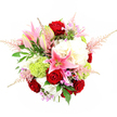 This lavish bouquet is photographed in a bright, top-down studio view, filling the frame with an artful mix of red, pink, white, and green against a pure white background. At its core, richly coloured red roses form a romantic focal cluster, their velvety petals curling inward in tight spirals and softly opening at the edges, suggesting heartfelt emotion and timeless love. Interlaced with the roses are elegant pink stargazer lilies, some unfurled into star-shaped blooms displaying darker pink speckles and prominent stamens, others still in elongated buds that offer height and a sense of unfolding beauty. Large, cloud-like domes of creamy white hydrangeas surround these feature flowers, giving the bouquet generous volume and a soft, pillowed texture that looks both luxurious and inviting. Between the hydrangea heads, bright lime-green Green Trick dianthus appear as compact, mossy pom-poms, adding a vivid modern twist that enlivens the traditional romance of roses and lilies. From the outer edges, fine plumes of pale pink astilbe float outward like delicate feathers, lending movement and a dreamy, airy quality, reminiscent of light breezes over nearby North London green spaces around Brent Cross. Subtle touches of lavender and fuchsia filler flowers peek through, deepening the colour story without overwhelming the main blooms. The whole design is embraced by lush foliage, including deep green, glossy leaves and finer fern-like fronds that create structure and depth, making the arrangement feel fresh and garden-inspired. The overall impression is one of joyful elegance and warm sentiment, ideal for Brent Cross flower delivery to mark anniversaries, milestones, or any moment when words alone are not quite enough.