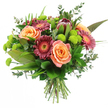 A radiant hand-tied bouquet is shown against a pure white background, making every petal and leaf appear crisp and distinct, as though freshly arranged in a Brent Cross flower studio. Dominating the composition are full-headed roses in warm peach, apricot, and soft salmon, their velvety petals layered in generous spirals that catch even the subtlest shifts of light. Some blooms display a gentle gradient from pale, almost creamy outer petals to deeper, fiery centres, adding depth and a quietly luxurious feel. Nestled among the roses are dramatic Gerbera daisies in rich maroon and deep magenta, with slim, feathery petals radiating from contrasting central disks that give a bold, graphic accent. Toward the upper area of the bouquet, a single King Protea stands proudly, its artichoke-like structure formed of reddish-brown and mauve-pink bracts with lightly pointed tips, creating a strong focal point that feels modern and slightly exotic. Scattered throughout, clusters of vivid lime-green Santini chrysanthemums offer playful bursts of colour and a neat, button-like texture, brightening the arrangement and drawing the eye from bloom to bloom. A collar of foliage in various shapes and greens surrounds the flowers: wide, glossy leaves anchor the base, slender, sword-like strands introduce gentle vertical movement, and rounded eucalyptus sprigs weave through the design, adding a soft, silvery note and suggesting a clean, refreshing fragrance. The stems are gathered and tied at the base, clearly hand-tied and ready to place in a vase in a home near Brent Cross station or along the surrounding residential streets. Overall, the bouquet conveys a feeling of celebration and thoughtful care, ideal for marking a milestone or lifting someone's spirits with fresh, local flowers.