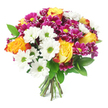 A joyful explosion of colour fills the scene, with a hand-tied bouquet photographed against a clear, uncluttered white background so that every bloom appears vivid and defined. The composition forms a generous, rounded mound of flowers, where no single stem feels out of place. Dominating the eye are several large roses whose petals open wide, transitioning from golden yellow hearts to rich orange and faint reddish-orange at the edges, as if catching the last light over Brent Cross. Weaving between them are numerous white daisy chrysanthemums, their petals clean and bright, radiating around lively lime-green centres that give the design a crisp, upbeat feel. Tucked in throughout are compact magenta and fuchsia chrysanthemums, their multi-layered petals creating deep, velvety discs of colour, each one finished with a tiny yellow-green centre that echoes the daisies and ties the palette together. Slender, dark green leaves reminiscent of ruscus emerge in small arcs between the blossoms, adding contrast and a gentle sense of movement. The stems at the base are aligned and bound, clearly hand-tied, showing off freshly cut ends that hint at cool water and the scent of greenery. The light is soft yet bright, casting almost no shadow, which lets the mix of yellow, orange, white, magenta, and green fully command attention. The bouquet feels energetic yet thoughtful, perfect for same-day delivery around Brent Cross-perhaps to celebrate exam results, welcome a new neighbour near Brent Park, or simply brighten a quiet afternoon at home with a wave of colour and cheerful, garden-fresh charm.