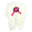 The image captures a delicate angel-wing tribute, thoughtfully arranged against a bright, white background that keeps the focus entirely on the flowers and form. Each wing is composed of numerous small, crisp white blossoms, likely chrysanthemums or spray carnations, placed so close together that they create a plush, continuous surface of petals. The wings sweep outward in a graceful curve, suggesting shelter and protection, while a fringe of fine white feathers runs along the outer edges, their soft, airy texture adding a distinctly angelic quality. At the central meeting point of the wings, a rounded cushion of deep violet and dark purple flowers or foliage provides a rich contrast, its understated depth evoking reflection and quiet dignity. Resting upon this darker base is a fuchsia satin bow, tied with generous loops and long, streaming tails that cascade gently down the arrangement, the satin catching hints of shine in the light. Nestled at the heart of the bow is a single light pink rosebud, its pastel hue and tightly wrapped petals adding a soft note of innocence and affection. The overall effect is calm, consoling, and reverent, as if this piece were about to be placed at a funeral or remembrance service in Brent Cross or nearby neighbourhoods like Cricklewood and Dollis Hill. With its combination of pristine white wings, feathery edges, and tender pink and purple accents, this angel-wing funeral tribute makes a touching choice for sympathy flower delivery and memorial displays throughout the Brent Cross community.
