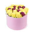 In a softly lit studio, a luxurious floral gift rests on a crisp white backdrop. The round gift box is pale pastel pink with a velvet-matte surface, occupying the lower half of the frame as the focal perch from which spring a dense dome of roses. Between thirty and forty stems fill the box to the brim, their petals unfolding in a chorus of sunshine. The majority are bright yellow roses, their cups tilted skyward in a radiant, optimistic bloom, their petals still neatly furled as if freshly sprung from a morning garden. Interspersed through the yellow are deeper, regal accents: burgundy and plum-toned roses that bring depth, drama, and a touch of elegance to the arrangement. The florist's hand has arranged them tightly, creating a generous, almost decadent fullness that slightly overflows the rim, as if the bouquet is cheerfully bursting with celebration. The white background renders the colours with pristine clarity, a studio portrait that lets the palette sing. This bouquet exudes warmth, joy, and lasting affection, a versatile gift for milestone birthdays, anniversaries, or heartfelt congratulations. Its luxury feel makes it ideal for someone who appreciates both exuberance and refinement. Delivered as a luxury flower gift, it carries a sense of sunshine and friendship that brightens the day of any recipient. In Brent Cross and the surrounding NW postcodes, this arrangement would travel in a same-day service or next-day courier, arriving fresh and ready to set the tone for a special moment, a thoughtful surprise, or a gesture of gratitude from someone near the Brent Cross area.