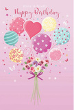 A soft, whimsical birthday scene plays out against a blush-pink backdrop, echoing the gentle charm of a quiet evening around Brent Cross. At the bottom of the illustration, a compact hand-tied bouquet forms the heart of the design. The flowers, likely petite roses and anemone-style blooms, are painted in creamy ivory, blush pink, and muted mauve, their petals layered and full, suggesting a soft, velvety texture. The green stems are gathered neatly and finished with a violet satin bow, whose sheen catches the light and adds a refined, celebratory touch. Above the bouquet, a group of pastel balloons appears to lift the flowers skyward. Each balloon has its own playful character: some are washed in sea green and traced with candy-like stripes; others glow in pale yellow, sprinkled with lively polka dots; and a few in rose pink and lavender swirl with delicate patterns and tiny floral motifs. A prominent heart-shaped balloon sits at the centre of the cluster, radiating affection and making the composition especially suited to close friends, partners, or family members. Soft illumination highlights the glossy curve of each balloon and the natural contours of the petals, giving the scene dimension and a gentle luminosity. Sprinkled throughout are tiny stars and fluttering butterflies, as though the illustration has captured a moment of birthday magic drifting above the streets that lead to Brent Cross Shopping Centre. The overall feeling is light, joyous, and affectionate, evoking the pleasure of sending or receiving a beautifully coordinated balloon and flower gift for a special birthday in NW11 or the surrounding neighbourhoods.