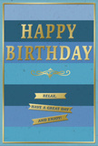 This birthday card exudes quiet celebration through its harmonious mix of blue tones and luminous gold details, the kind of thoughtful touch you might place beside a fresh flower delivery in Brent Cross. The background is composed of wide, horizontal stripes that transition smoothly from a deep navy top through layers of vibrant mid-blue and teal into a softer sky blue near the bottom. This gentle ombre effect creates depth and calm, similar to watching evening light settle over the nearby shopping centre. Centered against this serene blue canvas, the words HAPPY BIRTHDAY stand out in large, embossed gold letters. Each capital is sharply defined and slightly raised, reflecting light with a warm, metallic sheen that lends the card a refined, celebratory presence. Just below the main greeting, a delicate golden flourish sweeps across, adding a note of traditional elegance and visually linking the heading to the sentiment beneath. Under the flourish, three neat gold banners sit side by side, each embossed and shining softly. On them, in simple, friendly lettering, are the words: Relax, have a great day and enjoy! These messages feel sincere and unhurried, as if encouraging the recipient to take a peaceful birthday pause. A thin gold line traces the edge of the card, forming a tidy frame that holds the design together much like a carefully chosen vase complements a bouquet. The surface of the blues appears velvety and matte, while the gold elements glint under the light, giving this card a pleasing contrast in texture and a tasteful, modern charm suitable for celebrating birthdays across Brent Cross.