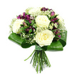 The photograph presents a graceful hand-tied bouquet standing tall against a crisp white background, every stem and petal clearly visible, much like a fresh creation awaiting delivery from a Brent Cross florist. At its core, large creamy white roses are fully open, their many velvety petals spiralling outward to form plush, rounded blooms that anchor the arrangement with a sense of calm sophistication. Threaded between the roses are deep purple alstroemeria, their narrow petals etched with fine speckles and subtle stripes; some flowers are open wide, others remain in slim buds, adding depth, contrast, and a touch of intrigue to the palette. Light sprays of white baby's breath weave delicately throughout, filling gaps with tiny blossoms that look like soft drifting mist, gently blending the stronger tones together. Here and there, spiky filler flowers in green and soft white-evocative of Astrantia or small thistle heads-rise from the mix, contributing an understated yet striking texture. All the blooms are gathered within a broad, glossy collar of dark green leaves, carefully folded and wrapped in a smooth band that hugs the base of the floral heads, giving the bouquet a polished, contemporary outline appreciated in stylish homes and offices around Brent Cross, from the North Circular to nearby Cricklewood. Beneath the leaf collar, the straight, freshly cut stems are aligned with precision and tied with a neat green and white ribbon, reinforcing the bouquet's fresh, cool colour scheme. The mood is serene, elegant, and quietly expressive, ideal for sending sympathy, celebrating an anniversary, or offering heartfelt thanks throughout Brent Cross and neighbouring parts of North West London.