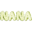A vibrant, three-dimensional rendering of the word NANA sits crisply against a clean white backdrop, each capital letter crafted from a mosaic of pale lime-green, bead-like segments. From a florist's eye the letters appear organic and tactile - their surfaces made up of countless tiny rounded nodules, like the interior of a sliced cucumber, miniature green pearls, or a stylised cluster of grapes - giving each character a subtly bumpy, succulent texture. The soft chartreuse tone is fresh and uplifting rather than brash, and the even, neutral lighting flattens shadows just enough to reveal gentle contours and the glossy suggestion of natural hydration. There is no vase or additional foliage in view; the focus is entirely on the sculptural form and the way the small rounded pieces catch the light to create a whisper of sheen across each letter. Emotionally the piece reads as warm and nurturing - an affectionate, almost playful tribute that evokes the wholesome comfort of a grandmother's kitchen or the rejuvenating feel of fresh produce. As a local florist who often stages window displays near Brent Cross Shopping Centre, I see this arrangement working beautifully for lifestyle or food-oriented photography, branding for a family café, or a lighthearted memorial that celebrates vitality as much as memory. The design's simplicity keeps the message clear: NANA spelled in gentle green exudes freshness, nourishment and tender familiarity, a visual whisper of home that connects the viewer to nature's textures and the quiet, grounding presence of a beloved matriarch.