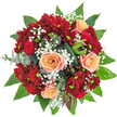 Rich with texture and radiating an inviting, sophisticated mood, this domed bouquet by Brent Cross Flowers features a lush interplay of warm and cool hues. At its centre shine peach-apricot roses, their full, gently unfurling petals edged in soft pink, illuminated by gentle daylight much like the play of sunlight across Clitterhouse Playing Fields. These ornate blooms are accompanied by compact, deep-red roses conveying passion, and thickly petalled spray chrysanthemums that introduce both vibrancy and plushness. Through these clusters, airy sprigs of white baby's breath create a floating, cloudlike effect, breaking up the heavier textures and infusing the display with levity and motion. The perimeter is framed by deep green, glossy foliage, with slender eucalyptus and creatively folded leaves bringing structural elegance. Scattered hints of darker elements-perhaps the shadowy forms of seed pods or young protea-add intrigue to the bouquet. The finish is harmonious yet layered: each element feels intentional, just as every delivery from Brent Cross flowers is thoughtfully designed for life's memorable moments, from cheerful birthdays in Brent Cross Shopping Centre to heartfelt tributes throughout the NW2 area. Touching the bouquet you'd feel soft petals and cool leaves; inhaling, a blend of sweetness and earthy green-a true sensory celebration rooted in local expertise.
