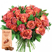 A lavish gift set, arranged for Brent Cross locals with a knowing florist's touch, combines the enduring beauty of roses and the irresistible allure of premium chocolate. The bouquet takes centre stage, comprising roughly two dozen tightly packed roses whose lush petals shift from subtle cream and yellow at their cores to glowing peach, vibrant coral, and rich pink at the edges-an ombré effect reminiscent of gardens blooming just north of Brent Cross Shopping Centre. Some flowers reveal delicate spiral hearts, others stand as closed buds, creating a lively rhythm and texture enhanced by glossy dark green foliage nestled throughout. The neatly bound stems give a professional finish, while the arrangement's rounded form fills the frame with colour and warmth. In the lower-left, a light beige Thorntons Orange Crisp chocolate pouch and two unwrapped, glossy truffles beckon with the promise of tangy orange and crispy wafer within smooth milk chocolate. Together, the flowers and chocolates make the perfect offering for occasions such as Valentine's Day, anniversaries, or spontaneous gestures of kindness. The clean white background ensures each element shines, echoing the sense of fresh beginnings and community pride familiar to those around Brent Cross. This set is ideal for those who wish to send a thoughtful message from a florist who truly understands North West London tastes.