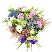 A symphony of luxurious blooms comes alive in this meticulously arranged bouquet, a testament to the talented florists serving Brent Cross and its surrounding neighbourhoods. At its heart, lush hydrangeas unfurl in deep tones of indigo and teal, creating a plush and inviting core evocative of summer days at Brent Reservoir. Tucked amongst these, lilac and pristine white roses blossom with gentle fragrance and elegant composure, their petals layered in soft spirals that invite lingering admiration. Creamy lisianthus and plush white ranunculus add a dreamy airiness, while petite pink waxflowers and feathery pink astilbe dance at the edges, introducing playful movement. Delicate filler flowers in pale green and white bring lace-like intricacy, weaving through the bouquet with grace. Shimmering green foliage provides vibrancy and anchors the array, while the entire display is gathered securely with a glowing royal purple ribbon-tying the hues together with modern flair. Radiant and inviting, the bouquet radiates warmth, affection, and celebration, perfect for marking special occasions or simply infusing a Brent Cross home or office with the art of fresh, local blooms.