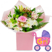 The image presents a warm and joyful celebration of a new baby girl, composed with a florist's eye for detail and photographed against a pure white background. At the centre is a lush bouquet rising from a neat, square light-pink gift box, resembling the stylish boxed flowers so often chosen by families in Brent Cross for home deliveries and nursery decorations. The stems are snugly wrapped in soft pink tissue and encased in a layer of clear cellophane, which adds a gentle gleam and hints at the bouquet's freshness. From this base, flowers arc outward, forming a rounded, generous arrangement. A vivid pink gerbera daisy anchors the middle, its wide petals radiating from a central disc and instantly catching the eye. Encircling it are white chrysanthemums, their many narrow petals building up plush, cushiony blooms that lend softness and comfort to the design. Interspersed among them are alstroemeria lilies in pale pink and white tones, marked with fine speckles and subtle stripes that give a refined, detailed look. A single creamy yellow lily bud stands slightly taller, still tightly closed, representing the unfolding days and milestones ahead for the new little one. Scattered among the petals, lime-green button-style blossoms add a modern brightness, while clusters of deep red hypericum berries provide a rich, contrasting accent. The whole bouquet is framed by glossy dark-green leaves and feathery fern fronds, creating an impression of natural abundance. To the right, a metallic foil balloon shaped like a baby pram floats lightly, its body a brilliant pink, with a contrasting purple hood and purple wheels decorated with multicoloured spokes. Across its side, bold yellow and green lettering joyfully proclaims, It's a Girl!, highlighted by small heart motifs. The combination of flowers and balloon evokes a sense of welcome and celebration, perfectly suited to a family gathering in a Brent Cross living room or a cosy nursery just off the North Circular.