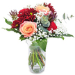 Dramatic and inviting, this bouquet is a celebration of Brent Cross's lively energy and tranquil pockets of green. At its centre, peach-coloured roses open in opulent layers, exuding gentle warmth and romance. These blooms are encircled by rich burgundy chrysanthemums, whose plush, textured petals create depth and intensity, reminiscent of the contrasts between busy high streets and quiet gardens along North Circular Road. Baby's breath sprinkles the design with airy, cloudlike clusters, bringing a touch of lightness and innocence that captures the neighbourhood's welcoming spirit. Glossy green leaves and distinctive sprigs of eucalyptus, with their silvery sheen and crisp fragrance, weave through the bouquet, grounding it with the fresh, clean scent found in morning air along the Brent. Arranged within a clear glass vase, the intertwining stems are left naturally visible, their interplay adding to the authenticity and organic feel of the display. Whether as a romantic token, birthday gesture, or heartfelt apology, this arrangement-prepared and delivered with care by Brent Cross Flowers-infuses every home with local character and thoughtful elegance.