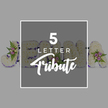 This image portrays a refined five-letter floral letter tribute, the kind of handcrafted design often created by Brent Cross Flowers for families saying goodbye to someone special. Set against a pale grey background, the letters stretch in a horizontal line, each one clearly formed and completely blanketed in tightly packed white chrysanthemums. The blossoms are fresh and immaculate, their small, rounded petals layering over one another to form a plush, cushiony texture that softens the strong outlines of the letters. Tracing every edge is a deep purple satin ribbon, its smooth, slightly reflective surface adding depth and a formal, respectful tone, much like the sombre accents on traditional mourning attire. At thoughtful intervals, the continuous white is interrupted by small, artfully placed posies: clusters of pale pink and mauve spray roses, some just starting to open, cradled by feathery fern fronds and sprigs of glossy green foliage. These accent flowers bring gentle colour and natural movement, hinting at the sweetness of shared memories and the quiet beauty of a life remembered. The visible sequence of characters appears to spell part of a name, with a distinct J at the left, then O, H, and N partially obscured by a central overlay, and an A anchoring the right side, demonstrating that the tribute can be tailored to any meaningful five-letter word. Centrally, a semi-transparent grey square with a white outline rests over the flowers, carrying the phrase 5 LETTER in crisp white uppercase letters above the flowing script word Tribute. This subtle overlay explains the concept without detracting from the design. The overall mood is one of quiet grace, personal devotion, and thoughtfully arranged funeral flowers, suitable for a memorial service or cremation ceremony in the Brent Cross area.